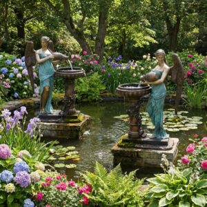 Bronze Angel pouring Vase Fountain Sculpture Pair
