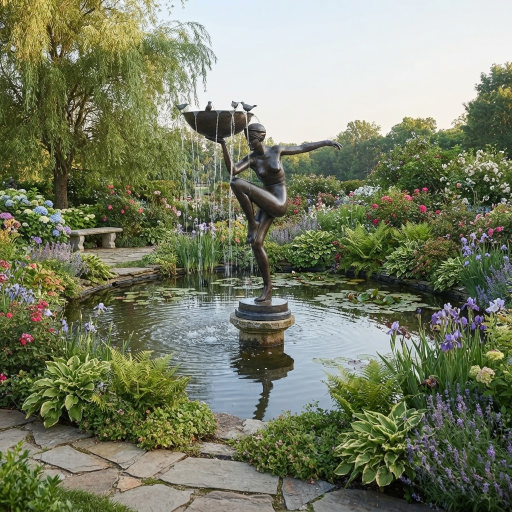 Bronze Art Deco Nude Lady Balancing Fountain