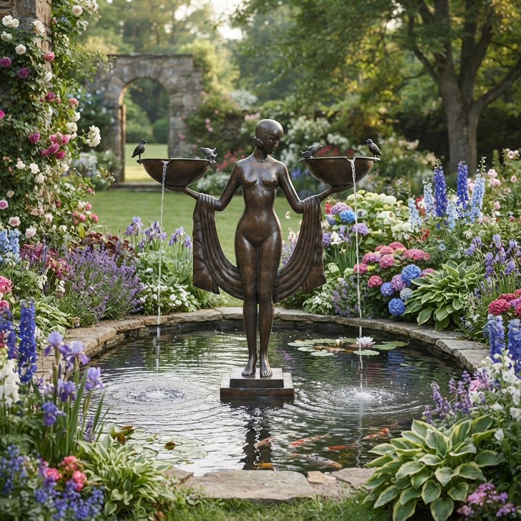 Bronze Art Deco Nude Goddess Standing Fountain