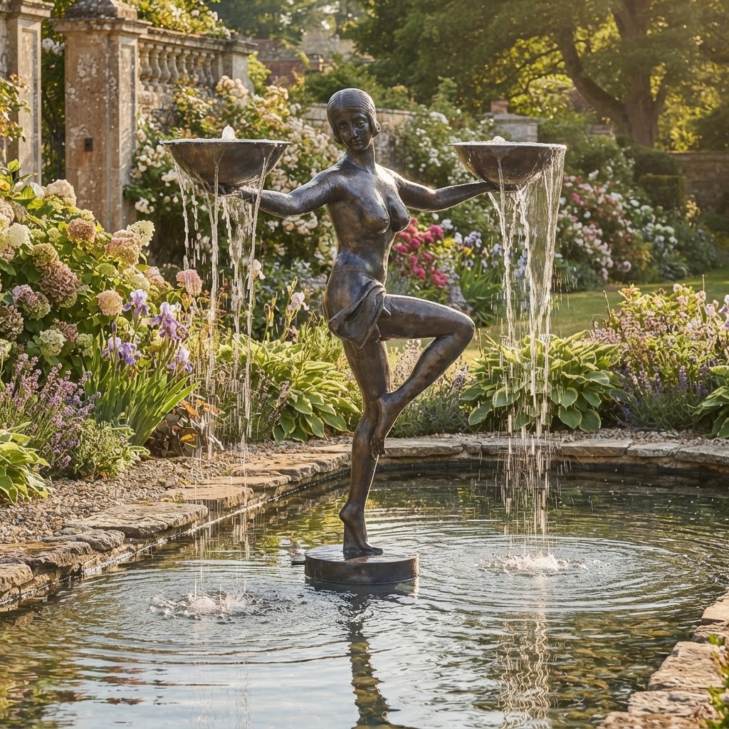 Bronze Art Deco Nude Lady Dancer Fountain