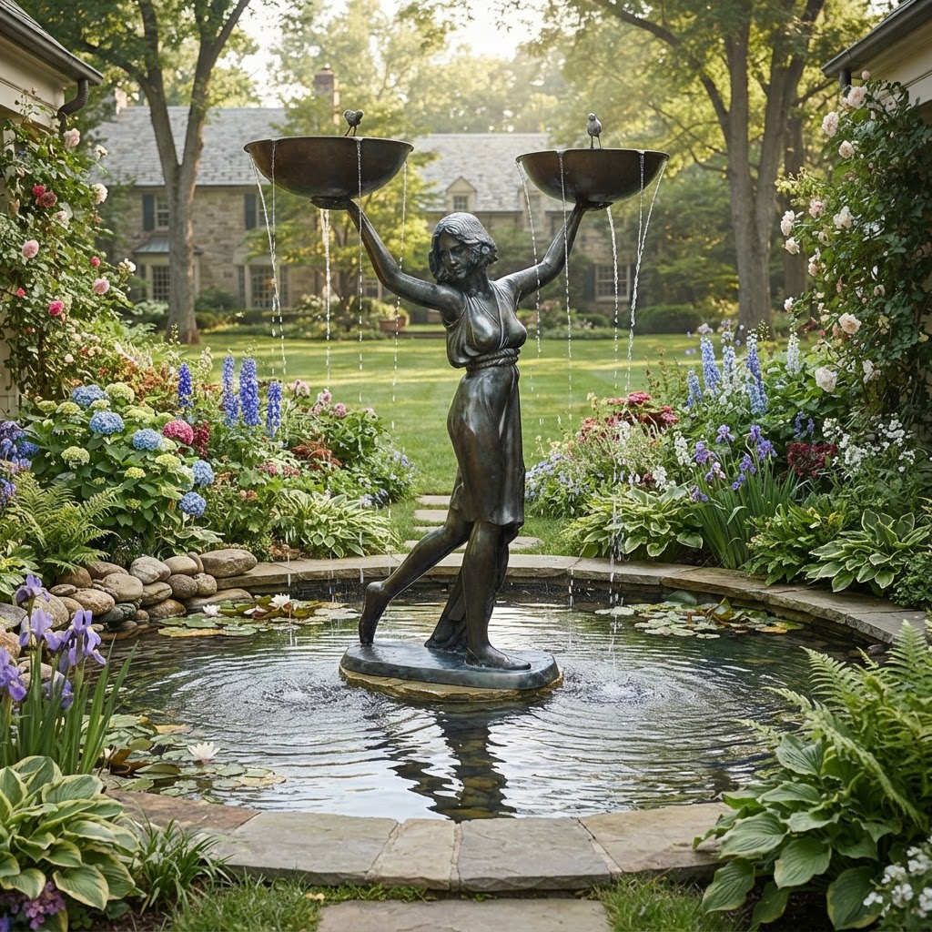 Bronze Art Deco 'Stella' holding Bowls Fountain