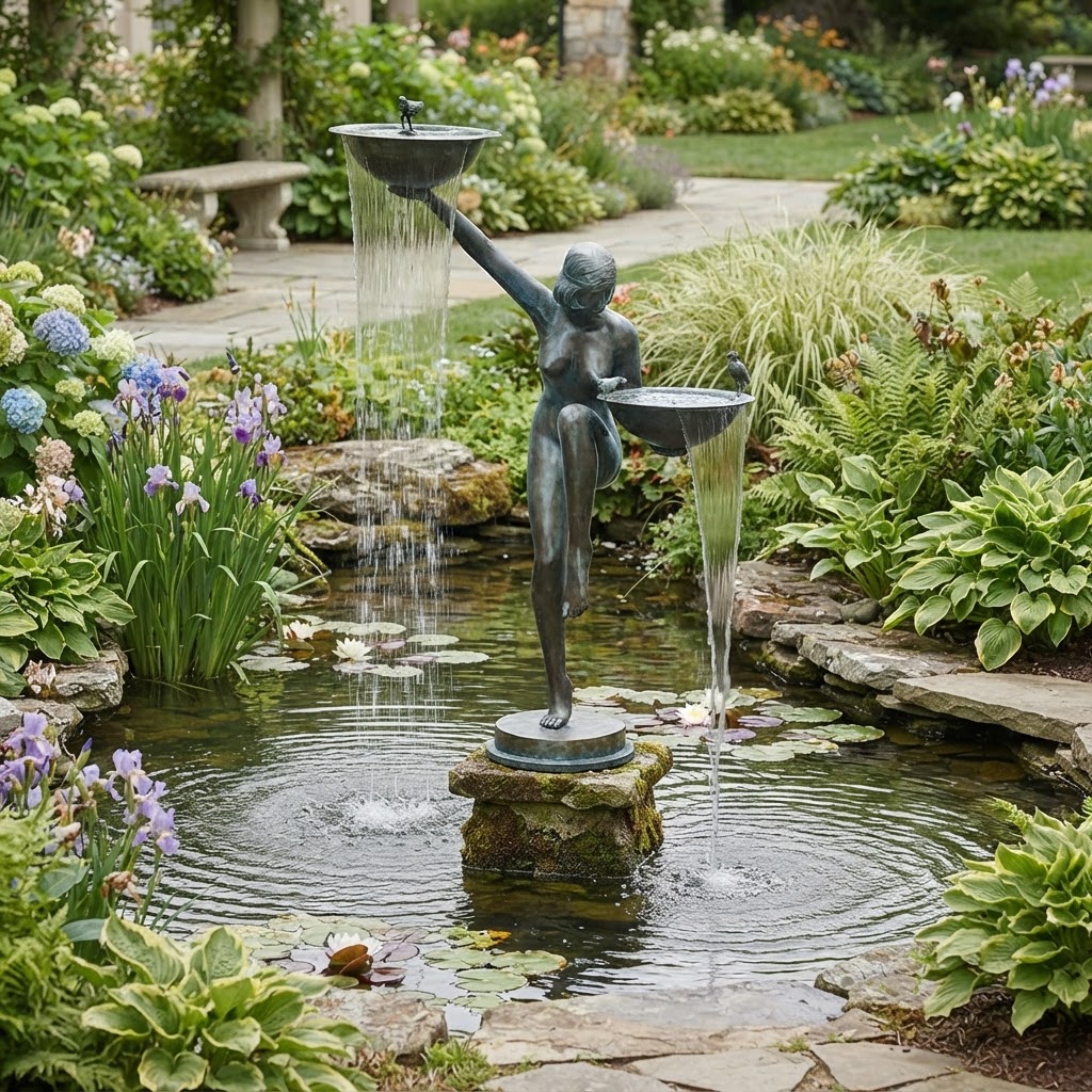Bronze Art Deco Nude Lady Balance Fountain