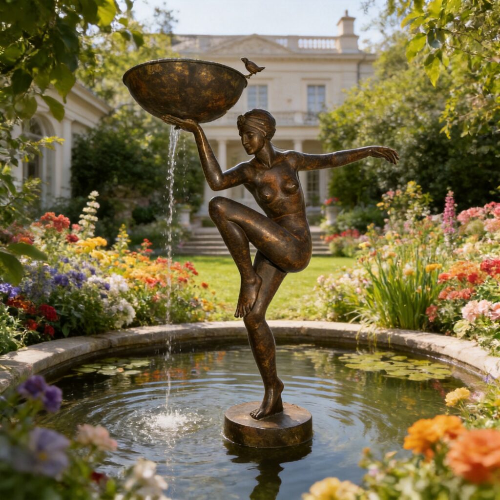 Bronze Art Deco Nude Balancing Bowl Fountain Sculpture